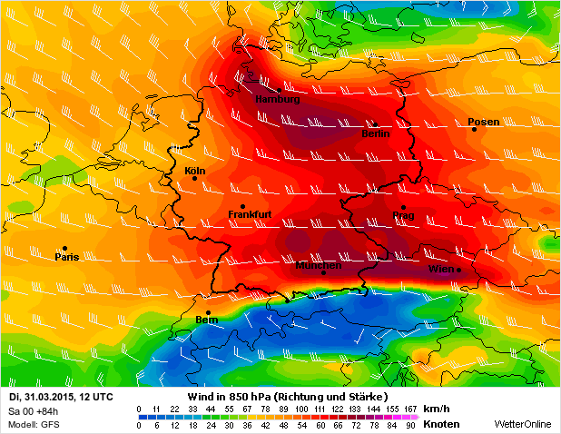 850 hPa (ca. 1.500 m Höhe) Wind (GFS-Modell)